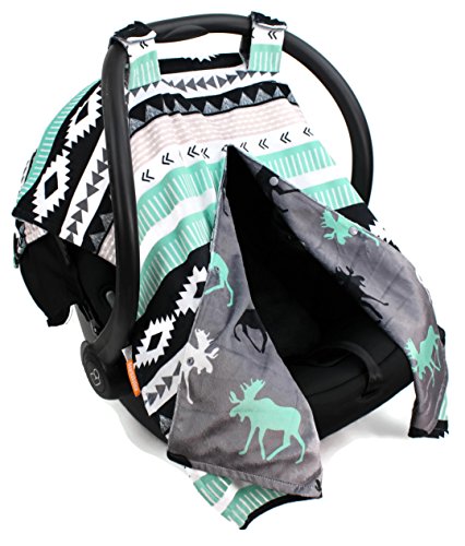 Image of Dear Baby Gear Car Seat Cover for Boys & Girls - Baby Carseat Canopy w /Snap Opening - Infant Seat Cover - Stroller & Nursing Covers - Newborn Carrier Canopy - 40x30 (Mint Moose, Black Grey Aztec)