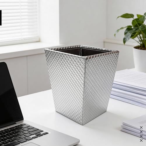 Image of Encasa XO Leather Dustbin for Home | 3 L (15x19 cm)(Small) Waste Bin for Bedroom, Washrooms, Kitchens Office, Hotel | Noise free, Floor Safe Trash Can | Textured Leather Garbage Bin - Silver