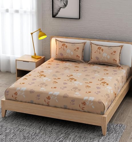 Image of 350 TC Premium Heavy Cotton Feel Elastic Fitted Bedsheet King Size with 2 Pillow Covers || Double Bed with All Around Elastic (Honey Blossom, Fitted - 72 inchx78 inch King)