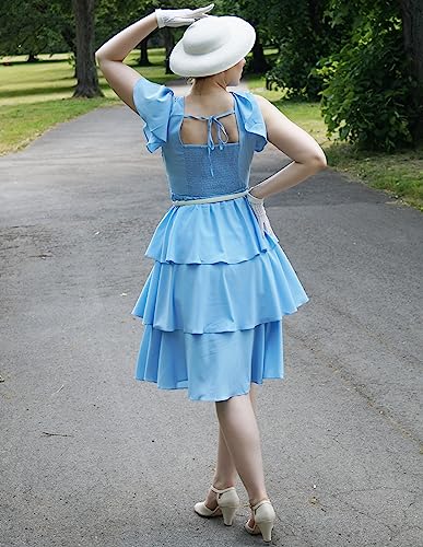 Image of Belle Poque Women's Vintage Square Neck Dress 2026 Summer Short Sleeve Layered Tiered Ruffle A-line Swing Midi Dress