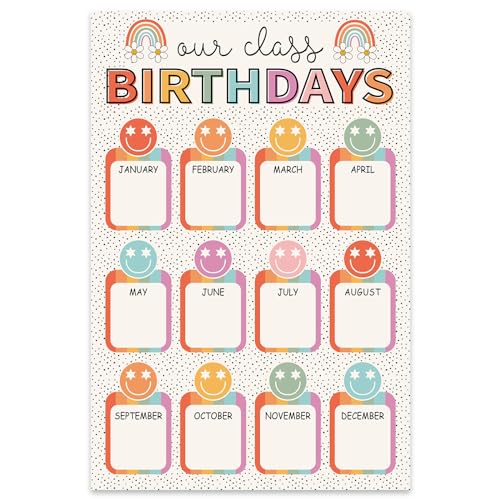 Image of Whaline Happy Birthday Chart Poster for Classroom Boho Retro Smile Face Rainbow Birthday Chart Calendars Colorful Birthdays Poster Decoration for Bulletin Board Chalkboard Wall Decor, 11 x 16.5 Inch