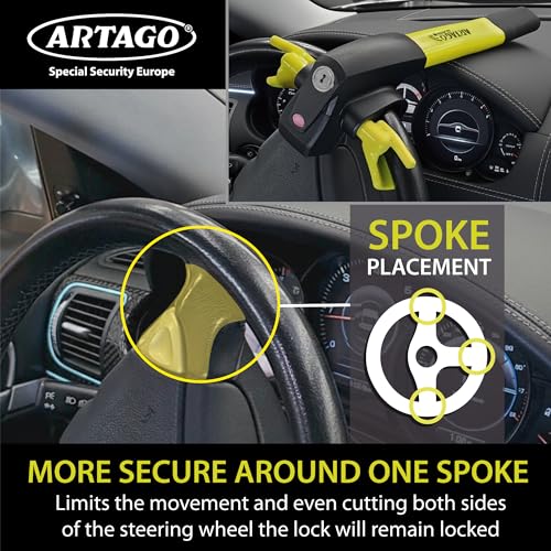 ARTAGO 870 High-End Steering Wheel Lock, 2in1 Without/With 120dB Alarm +Don't Touch +LED, More Secure & Deterrent Around a Spoke, Best Locking Bar, Universal Anti Theft Device for Car Truck Van Camper