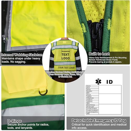 Image of High Vis Reflective Safety Vest for Men Women Zipper Ipad Pockets Mesh Construction Apparel Neon Vest for Work