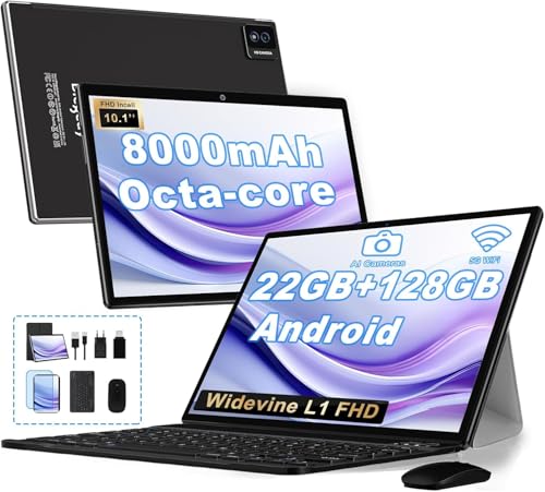 BIEGEDY Tablet Android Tablet 10 Pulgadas,22GB RAM + 128GB ROM (TF 1TB), 5G+2.4G Dual Band WiFi 6, Widevine L1 / 8000mAh / Octa-Core 2.0 GHz/GMS / 5MP+8MP / BT5.0 / GPS, con Teclado y Raton Negro