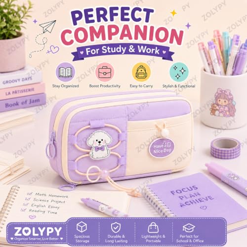 Image of Kawaii Cute Aesthetic Pencil Case 3 Layer 6 Compartment Large Capacity for Students | Pencil Pouch with Zipper | Cartoon Stationery Organizer Bag for Kids, Pencil Case for Girls & Boys (Nice Purple)
