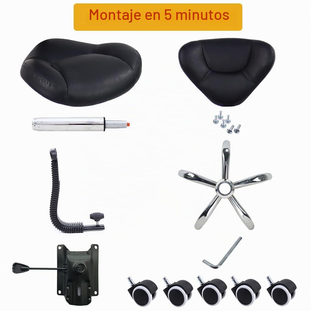 WKWKER Taburete Ergonómico Rodante con Cojín Grueso PU Cuero Altura Ajustable Taburete Giratorio para Trabajo SPA Salón Tatuaje con Respaldo (Negro)