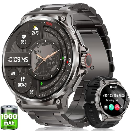 BANLVS Reloj Inteligente Hombre Militar con 1000mAh, 1.92' HD Smartwatch con Llamadas, 120+ Modos Deportivos, 5ATM Impermeable, Pulsómetro, Sueño, Podómetro, Peso, Pulsera Actividad Android iOS Negro