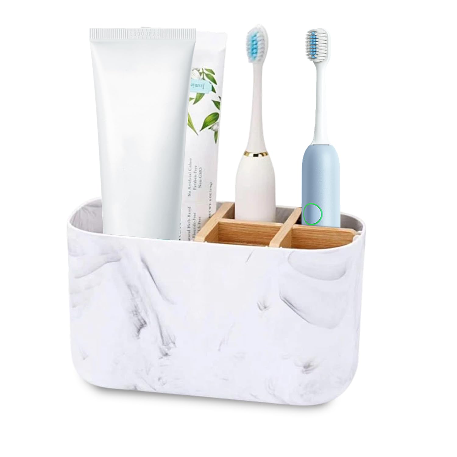 Toothbrush Holder, 5 Slots Electric Toothbrush Holder with Detachable Bamboo Divider, Countertop Toothpaste Storage Caddy for Family & Easy to Clean, Marble Bathroom Accessories, White