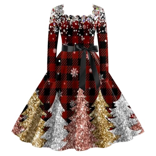 Weihnachten Kleid Damen, Ugly Christmas Blusenkleid Lustig Swing a Linie Kleid Festival Abendkleid Langarm Rundhals Cocktailkleid Midikleid Frauen...