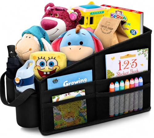 WOCVRYY Autositz Organizer Auto Kinder Rücksitz Zubehör Innenraum Frauen Beifahrersitz Organizer für Spielzeug Bücher Snacks mit Getränkehalter Gurtbefestigung