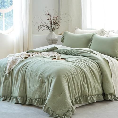 Image of Sage Green Ruffle Comforter Set King, Pre-Washed Shabby Chic Bedding Set, Lightweight Cottagecore Soft Romantic Cozy 1 Comforter & 2 Shams, All-Season