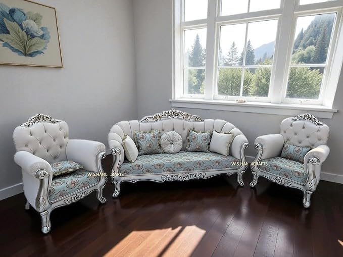 Image of Wooden 5 Seater Sofa Set, Solid Wood Hand-Carved Sofa with Silver Deco Finish, Luxury Traditional Design Furniture for Living Room, Home, Office