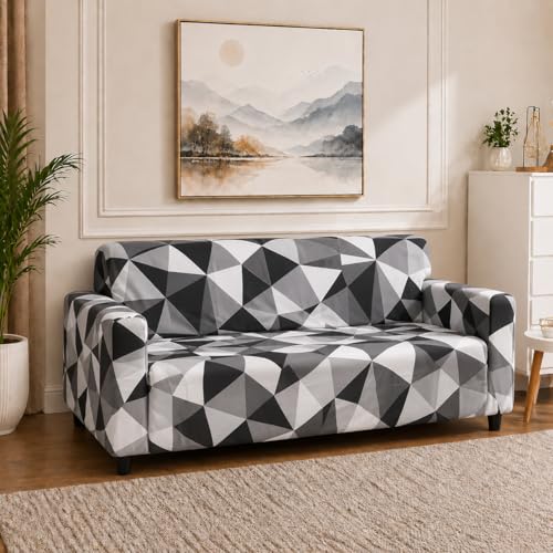 Image of Universal 3 Seater Sofa Cover Fully Covered Stretchable Spandex Non-Slip Elastic Slipcover | Soft Washable Fabric Sofa Protector for Living Room Furniture (Black Geomatric)