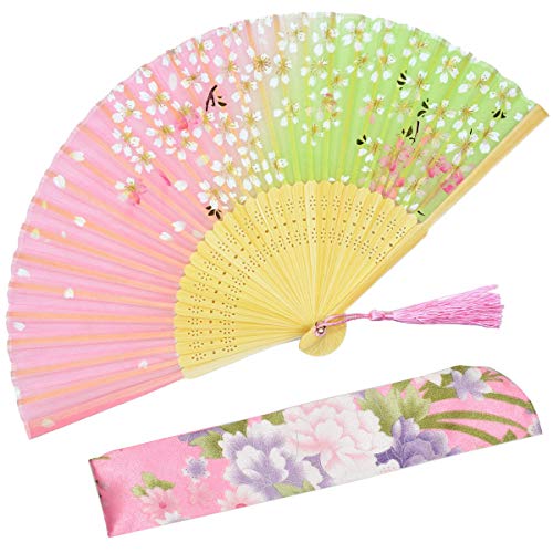 OMyTea Hand Held Silk Folding Fans with Bamboo Frame - with a Fabric