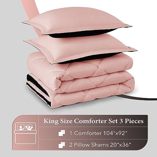 Image of downluxe King Size Comforter Set - Pink and Black King Comforter, Soft Bedding Sets for All Seasons -3 Pieces - 1 Comforter (104 inchx92 inch) and 2 Pillow Shams(20 inchx36 inch)