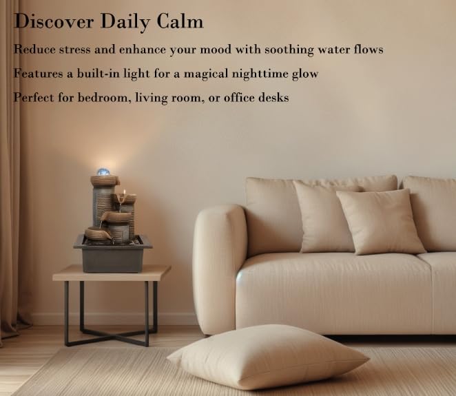 GIDITA Tabletop Water Fountain with LED Crystal Ball – 4-Tier Indoor Zen Fountain with Cascading Water and Soothing Sounds for Home Office Bedroom Décor