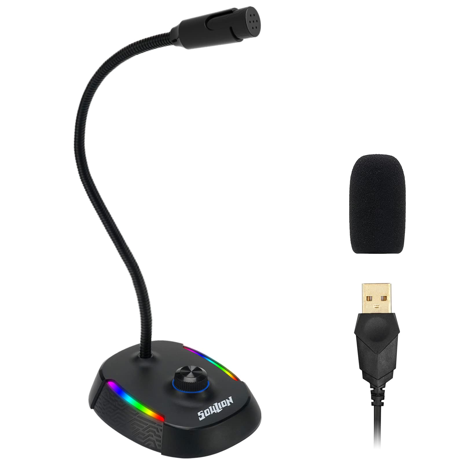 SOULION USB Microphone with Mute Knob, Omnidirectional Noise-Canceling Microphone for Computer with RGB Light, Plug & Play Computer Mic for PC/Windows , Gaming, YouTube, Streaming