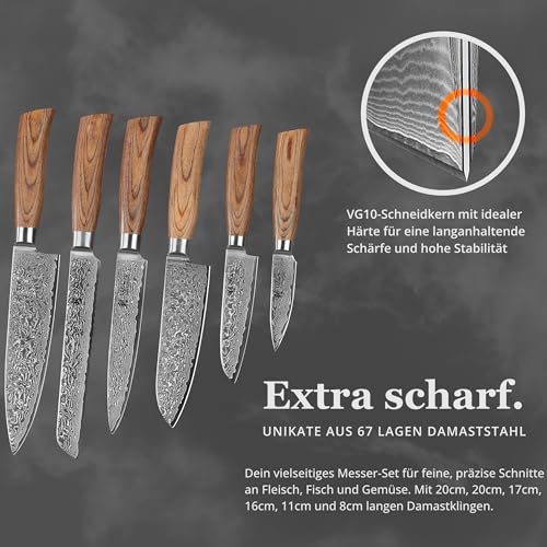 Foto von Wakoli EDIB Pro Damastmesser-Set | 6-teilig, 8–20 cm aus 67 Lagen Damaststahl mit VG10-Kern | ergonomische Pakkaholzgriffe | für Fleisch, Fisch & Gemüse | in Holzbox für Profi- & Hobbyköche