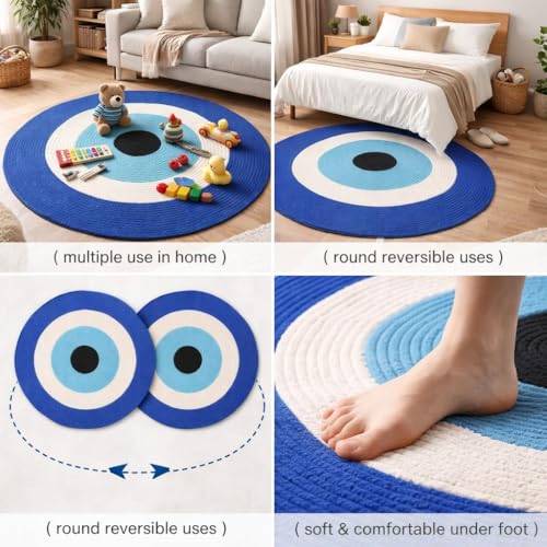 Image of Round Jute Reversible Evil Eye Door mat, 65 * 65 cm, Floor mat| Doormat for Home Entrance| Bathroom| Bedroom| Living Room| Kitchen| Pooja Room| Rug| Home Decor| Anti Slip| Outdoor| Nazar mat