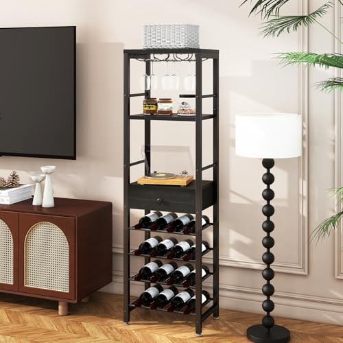 IBUYKE Wine Rack Freestanding Floor,Coffee Bar Cabinet 4-Tier Wood Wine Rack,Glass Holder and Storage Drawer for Home Bar Kitchen Living Room,Black TMJ905B - Image 4