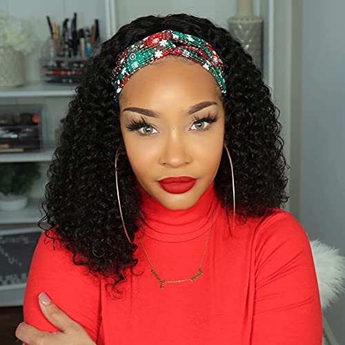 ZILING Curly Headband Wig Human Hair Glueless Headband Wigs for Black Women Curly None Lace Front Wigs with Headband Attached Machine Made Half Wig Natural Color 14 Inch