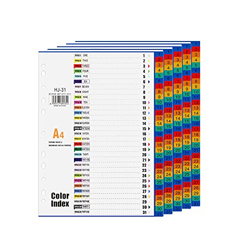 A4 Plastic File Dividers 31-Part Index Subject Dividers with Reinforced 11-Holes & Content List, Multi-Colour Pre…