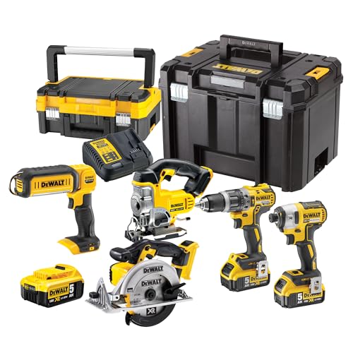 DEWALT - Pack 5 outils XR 18V, 1 perceuse-visseuse, 1 visseuse à chocs à 3 vitesses, 1 scie sauteuse, 1 scie circulaire, 1 lampe LED, 3 batteries 5Ah, 1...
