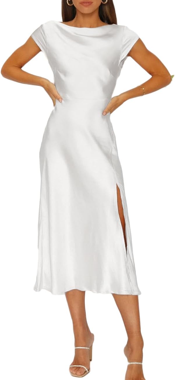 Women's Summer Satin Elegance Backless Twist Cap Sleeves Midi Dress 2025 Sexy Cowl Neck Slit Cocktail Wedding Guest Dresses