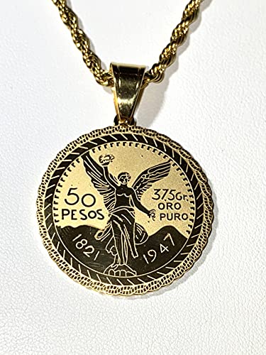 Collar Moneda Centenario Mexicano – Colgante 50 Pesos Helado con Baño de Oro Amarillo 14k y Cadena de Cuerda 2.5mm, Joyería de Acero Inoxidable3