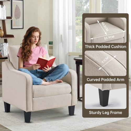 Image of Mid-Century Modern Accent Chairs, Living Room Chair, Comfy Reading Armchair, Upholstered Small Sofa Chair for Bedroom, Office, Beige
