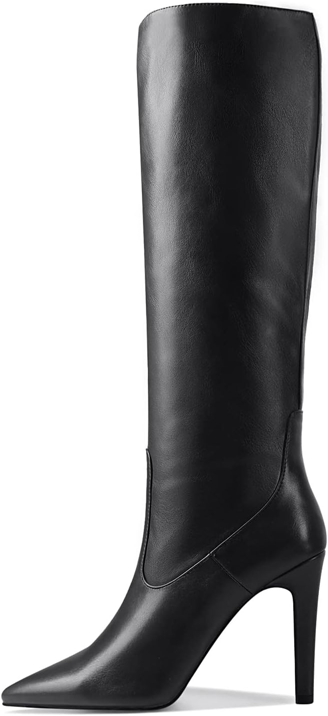 Women's Classic Pointed Toe Matte Leather Stitchcraft Slouchy Wide Calf Slip On Elegant Stiletto High High Knee High Boots Black Size 8 - Image 2