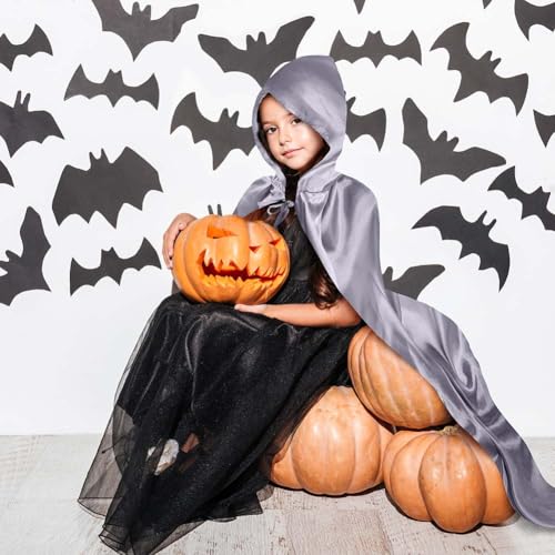 Aomig Schwarzer Umhang Vampir Umhang Jedi Mantel Mittelalter Umhang mit Kapuze für Erwachsene Unisex Scream Kinder Cape Kostüm Halloween Costume Maskerade Familienfeier Karneval Cosplay (Silber-150cm)