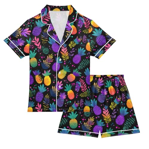 ALAZA Colorful Pineapple Leaf Dot Satin Pajamas Set Short Sleeve Button Down Sleepwear Summer Pjs 2 Piece