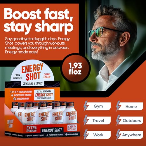 Image of Cherry Limeade Extra Strength Energy Shot 24 pk - 260mg Natural Caffeine B12 B6 - Energy & Focus Support - 2 Servings Sugar Free Zero Calorie Green Tea B-Vitamins Electrolytes Vegan - 1.93 fl oz