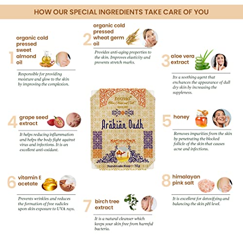 Image of Nyassa Premium Arabian Oud Handmade Natural Bathing Soap | Buy 2 get 1 Free | Shea Butter, Organic Sweet Almond Oil |Musky Fragrance | Moisturizer | All Skin Type 75gm Each