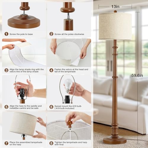 Floor Lamps for Living Room - 60" Wood Farmhouse Floor Lamp with Adjustable Color Temperatures - Vintage Standing Lamp Reading Light with Linen Shade Rustic Tall Lamp for Bedroom Office, Dining Room by EJIAXIN - Used condition - Image 8