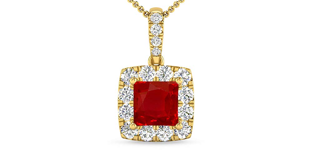 Inspereza Princess cut Ruby and White Diamond Halo Pendant in 18kt Yellow gold(5.0 mm Ruby)