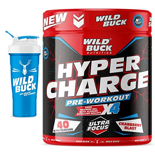 Image of WILD BUCK Hyper Charge Pre-X4 Hardcore Pre-Workout Supplement [40 Servings,Cranberry Blast] with Creatine Monohydrate,Arginine AAKG,Beta-Alanine,Muscle Pump -Powder For Unisex,Free Shaker,4.25 grams