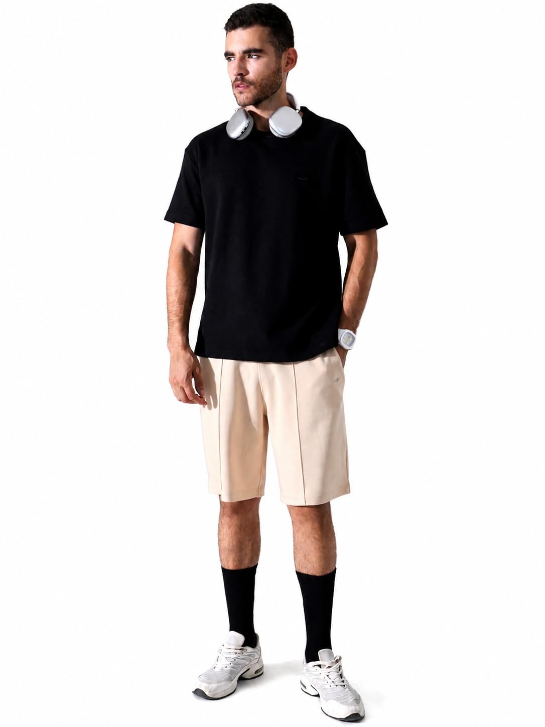 Men's Black & Beige Co Ord Set with Oversized T-Shirt and Shorts | Comfortable Casual Summer Outfit for Gym, Travel & Daily Wear-image-46