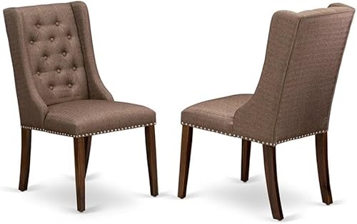 East West Furniture FOP8T18 Forney Parson - Juego de 2 sillas acolchadas de tela de lino marrón con ribete de clavos y botones copetudos, color nogal