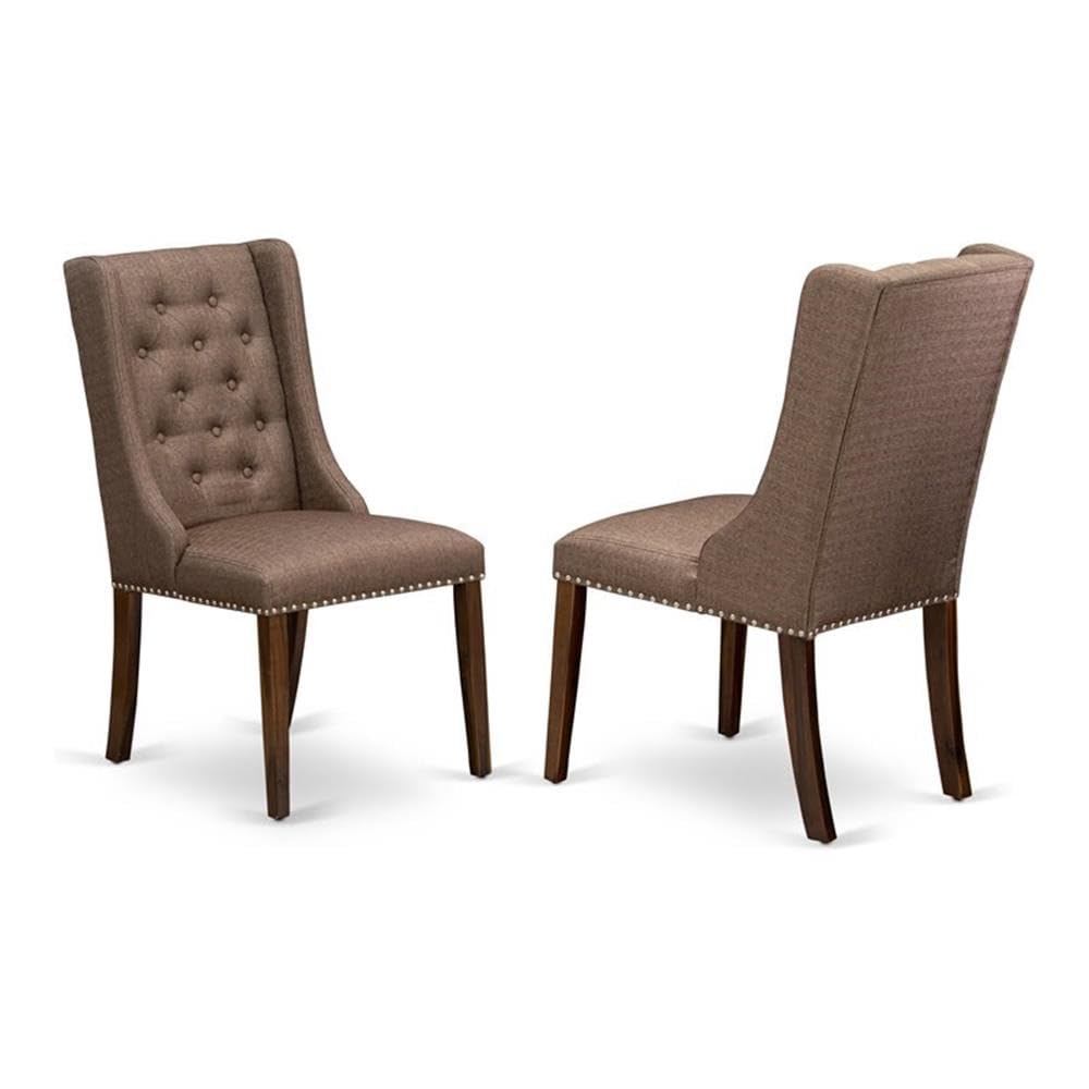 East West Furniture FOP8T18 Forney Parson Dining Room Chairs - Button Tufted Nailhead Trim Brown Linen Linen Fabric Padded Chairs, Set of 2, Walnut