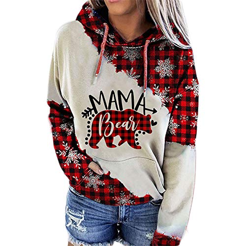 Women's Mama Bear Printed Long Sleeve Hooded Red Colorblock Sweatshirt, Christmas Mama Bear Pullover Hoodie for Women-XL