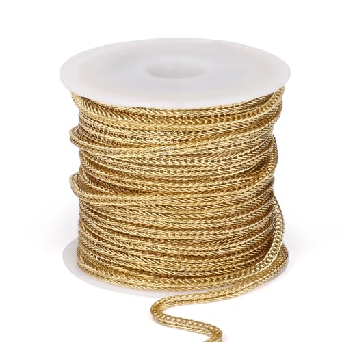 16.5 FT Gold Square Wheat Chains Bulk, 2mm 18K Gold PVD Plated 304 Stainless Steel Small Diamond Cut Braided Franco Chain Roll Spool for Jewelry Making