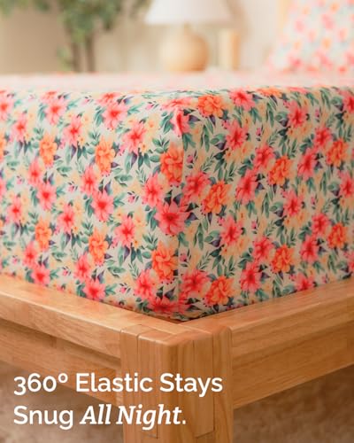 Image of Queen 4 Piece Floral Sheet Set - Breathable & Cooling - Sunset Hibiscus | 1 Flat, 1 Fitted & 2 Pillowcases w / Deep Pockets, Boho Botanical Floral Bedding, Breathable & Cooling, Wrinkle & Fade Free