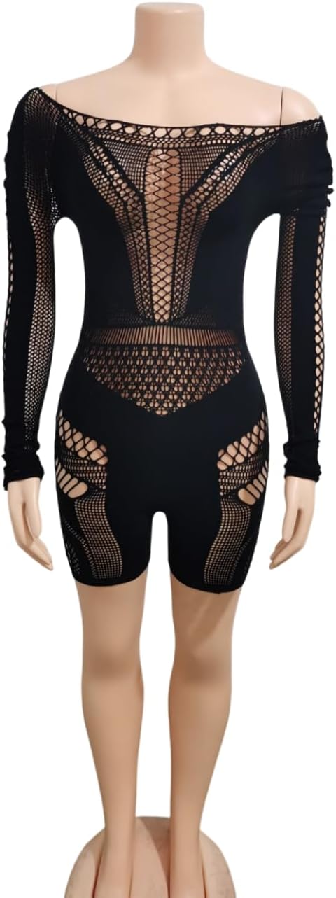 Women's Sexy Long Sleeve See Through Hollow Out Sheer Ultra Stretchy Mesh Bodysuit - Image 4