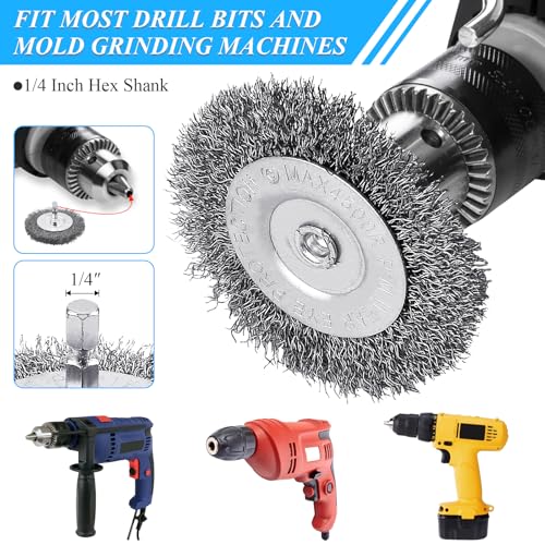Image of Supkiir 8 Pack 3inch Wire Wheel Brush for Drill, Wire Brush for Drill with 1 /4 Inch Hex Shank, 0.01 inch Coarse Carbon Steel Bristles Brush Drill Attachment for Rust Removal Polishing