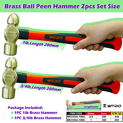 Image of WEDO 2PCS Brass Ball Peen Hammer Set,3 /4lb+1lb,Fiberglass Handle,Die-Forged,Corrosion Resistant,DIN Standard