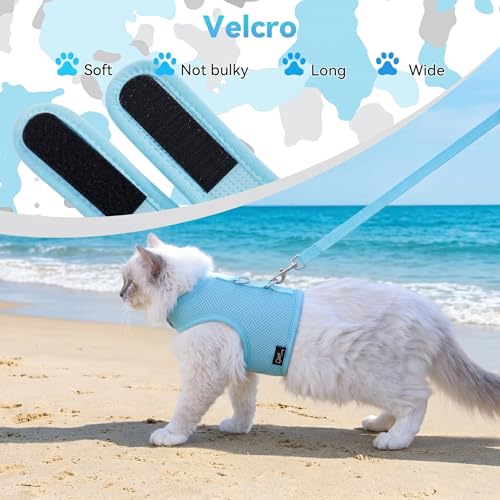 Image of Kitty Harness and Leash for Walking Escape Proof Breathable Mesh Fabric, Turquoise, Small, Adjustable Cat Walking Jackets, Padded Stylish Cat Vest