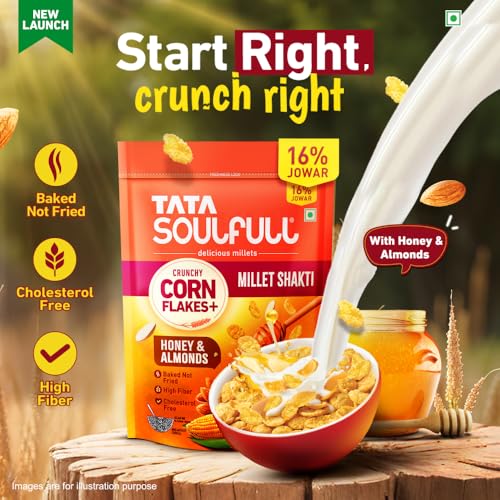 Image of Tata Soulfull Corn Flakes+, Honey & Almonds, Crunchy Corn & Millets, Baked Not Fried, Cholesterol Free, High Fiber, Wholesome Breakfast Cereal, Quick & Easy, 450g