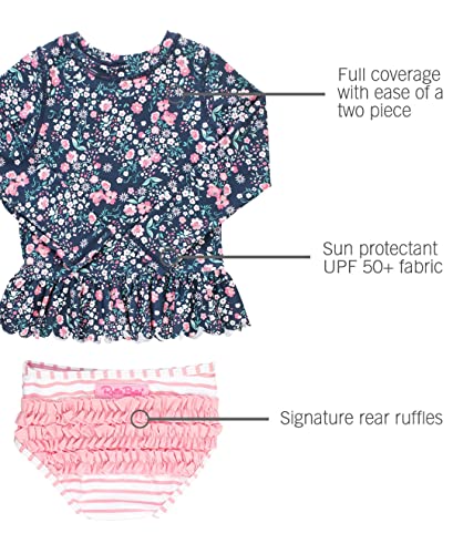 Image of RuffleButts Baby /Toddler Girls Scalloped Long Sleeve Rash Guard 2-Piece UPF50+ Sun Protected Swimsuit